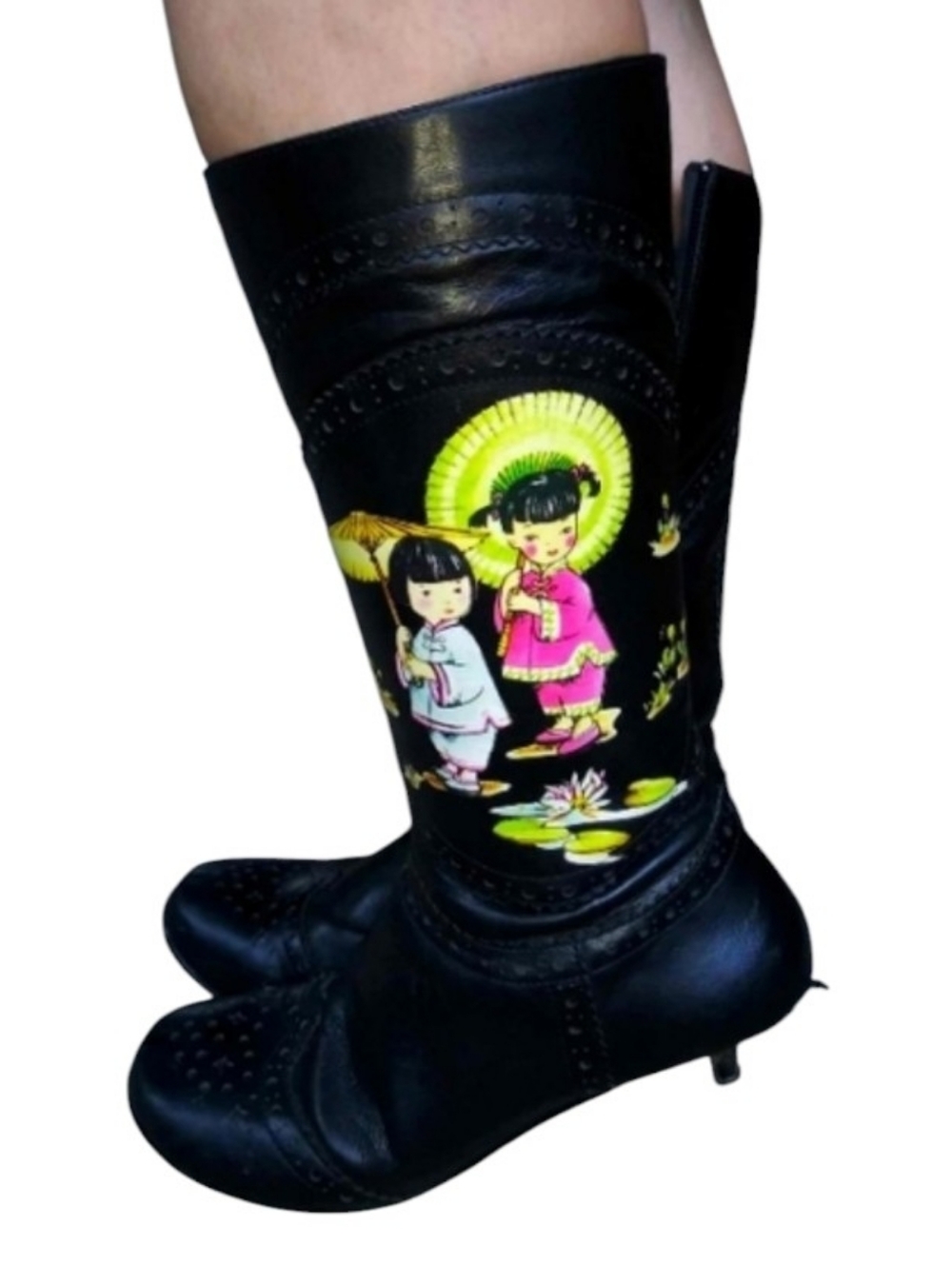 Vintage Irregular Choice Black Leather Kitten Heel Boots w/Geisha Girl Design